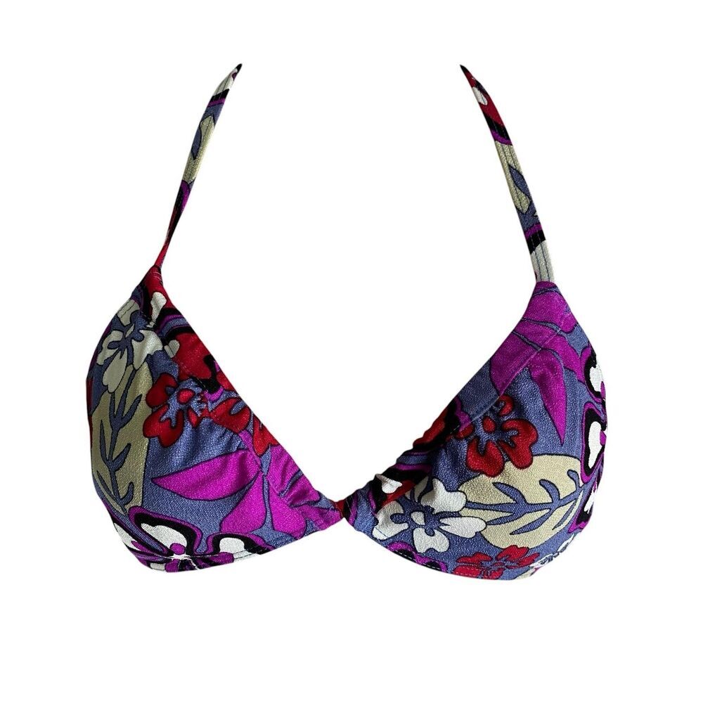 Jantzen Bikini Swim Top Womens Large Blue Floral Triangle Halter Electric Beach